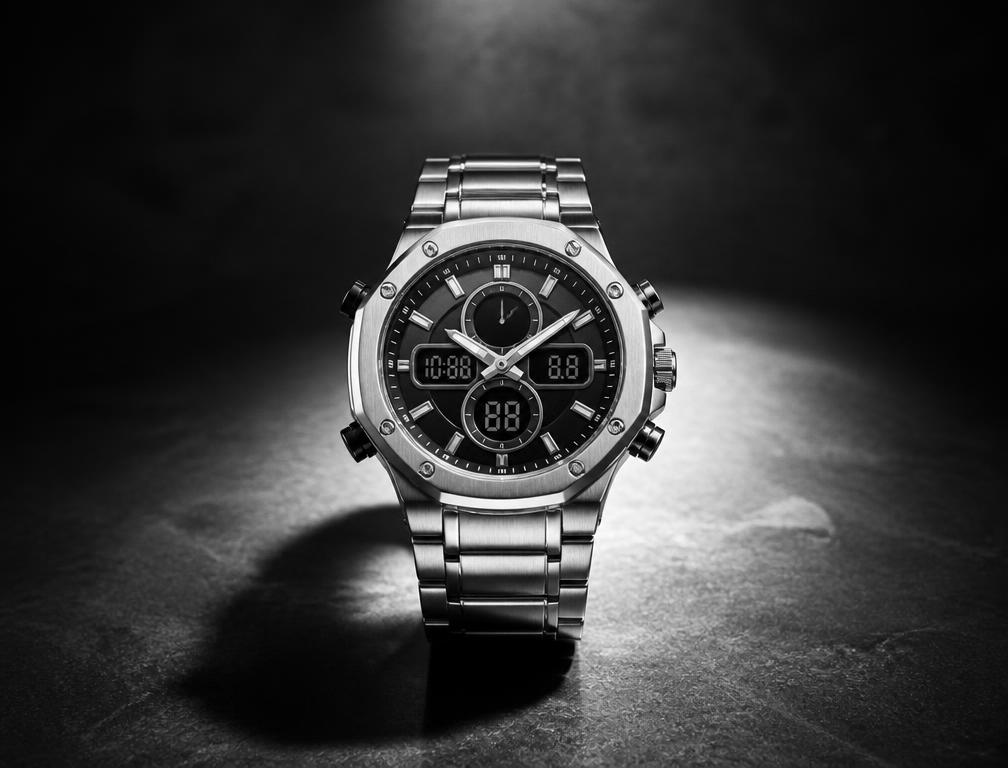 Silver heritage watch under a spotlight